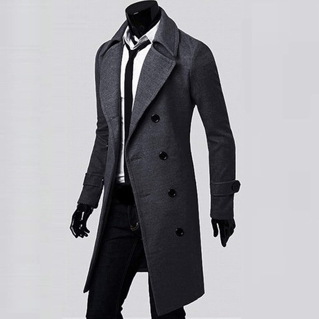 Men's Wool Trench Coat, Premium Quality Double-Breasted Slim Fit Winter Coat, Long Jacket, Work Jacket, Grey Coat, Size L