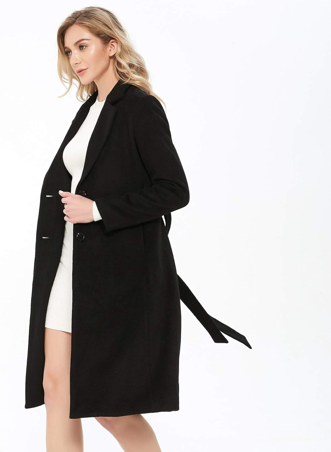 Women'S Elegant Notched Lapel Wool Trench Coat Belted Single Breasted Long Pea Coat Winter