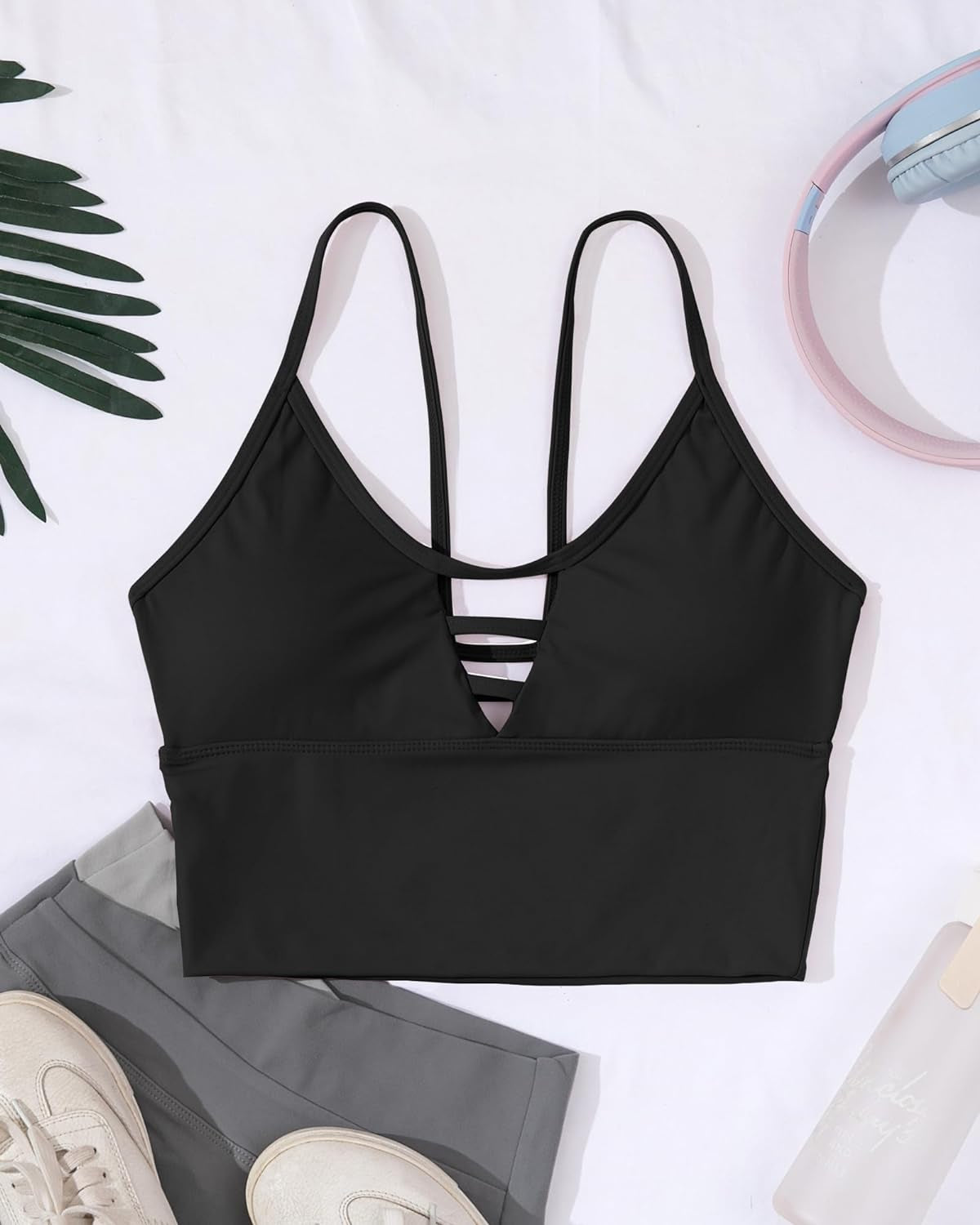 Longline Sports Bras for Women High Support Strappy Push up Workout Tops Built in Bra Padded Crop Yoga Tank Top