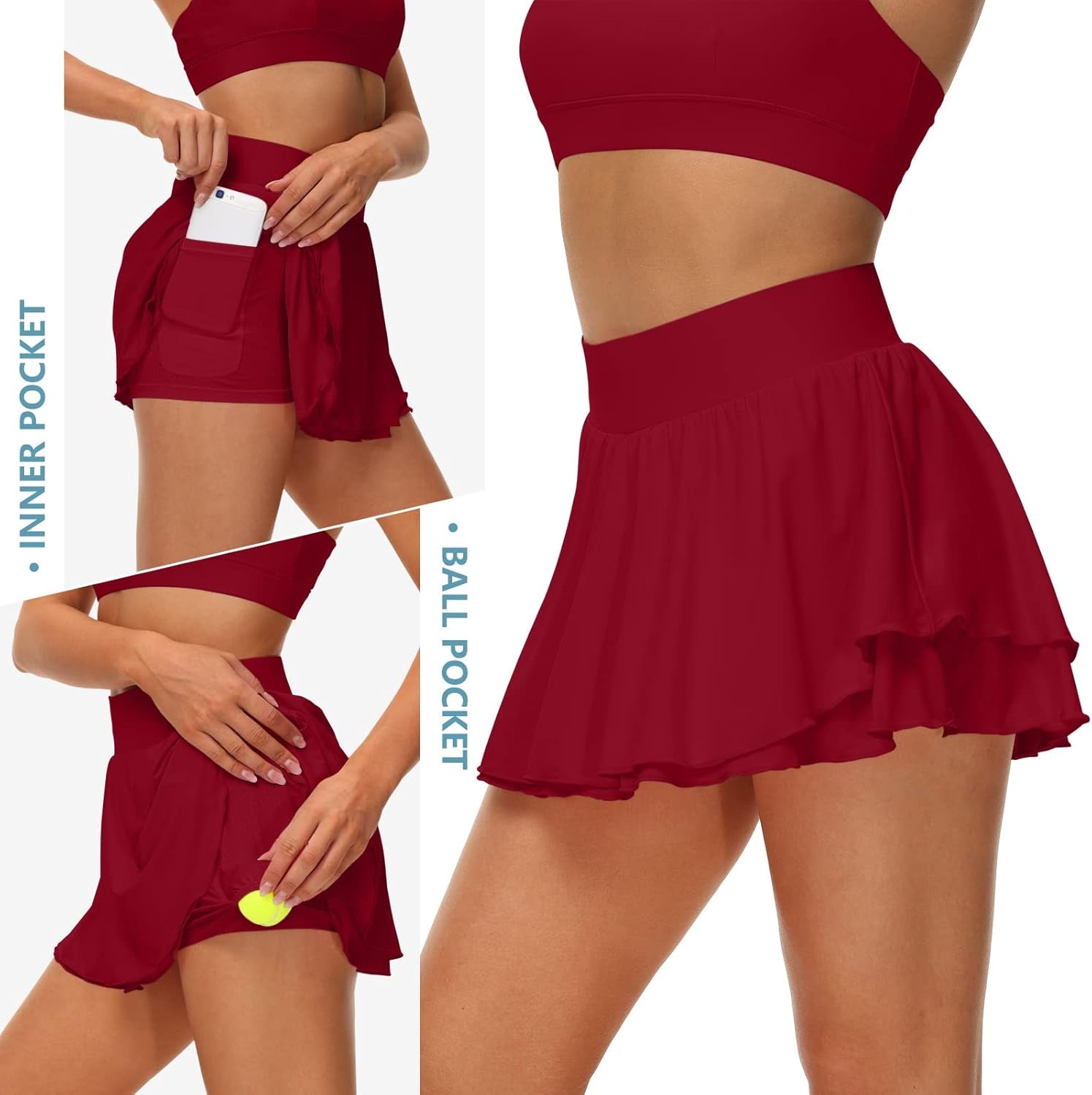 Women'S Athletic Tennis Skirts with Pockets 13In Ruffle Golf Running Workout Ice Silk Flowy Skorts with Sports Shorts