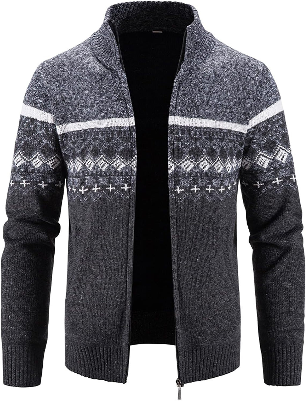 Men’s fall/winter sweater cardigan in dark gray, size XL, with zipper and stand collar.