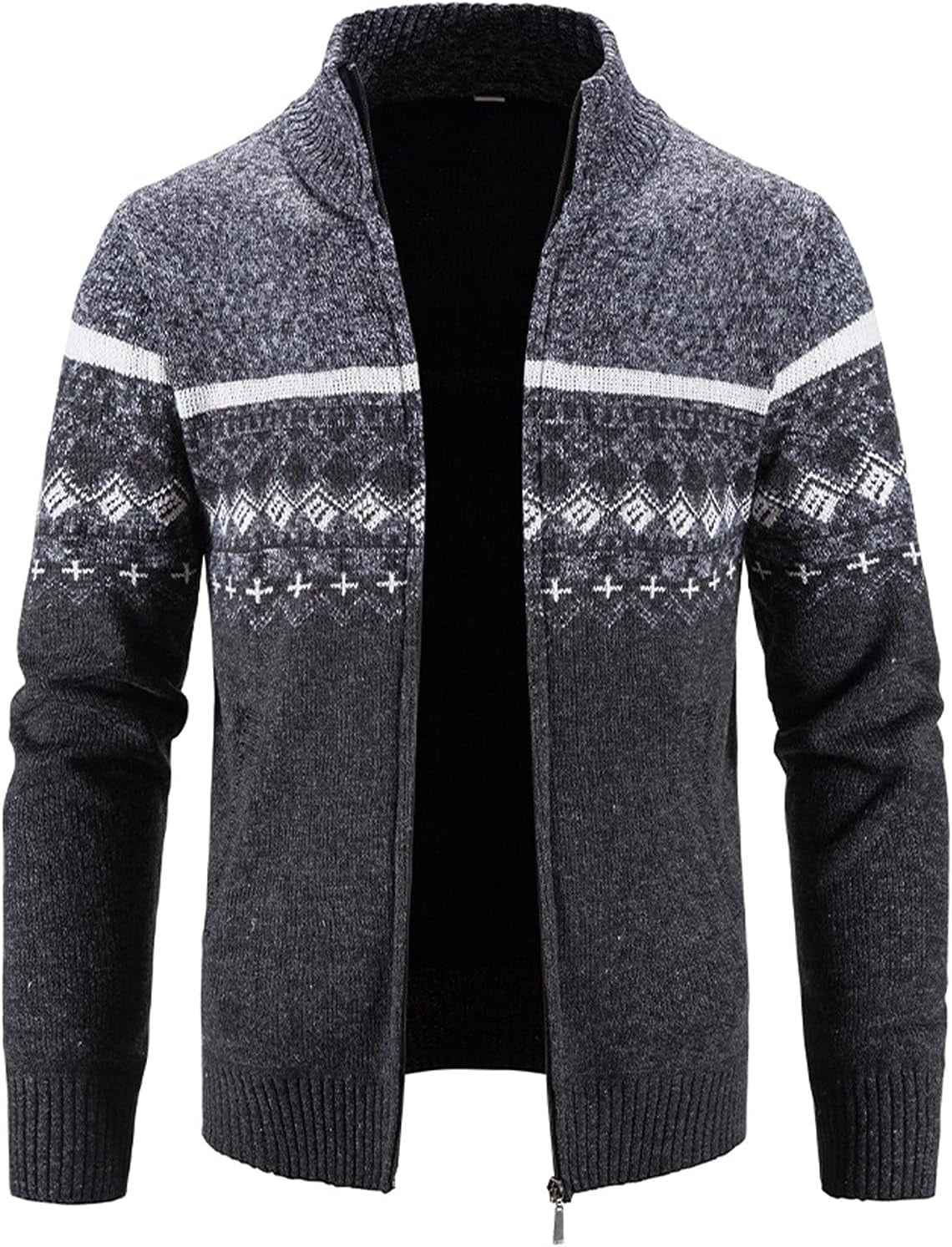 Men’s fall/winter sweater cardigan in dark gray, size XL, with zipper and stand collar.