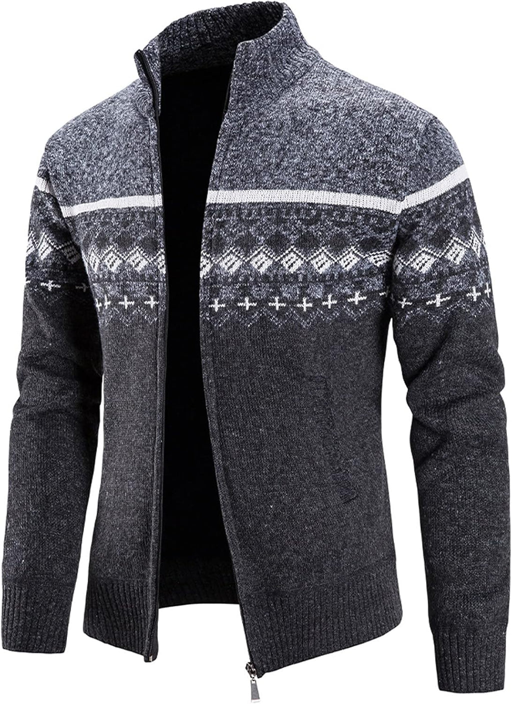 Men’s fall/winter sweater cardigan in dark gray, size XL, with zipper and stand collar.
