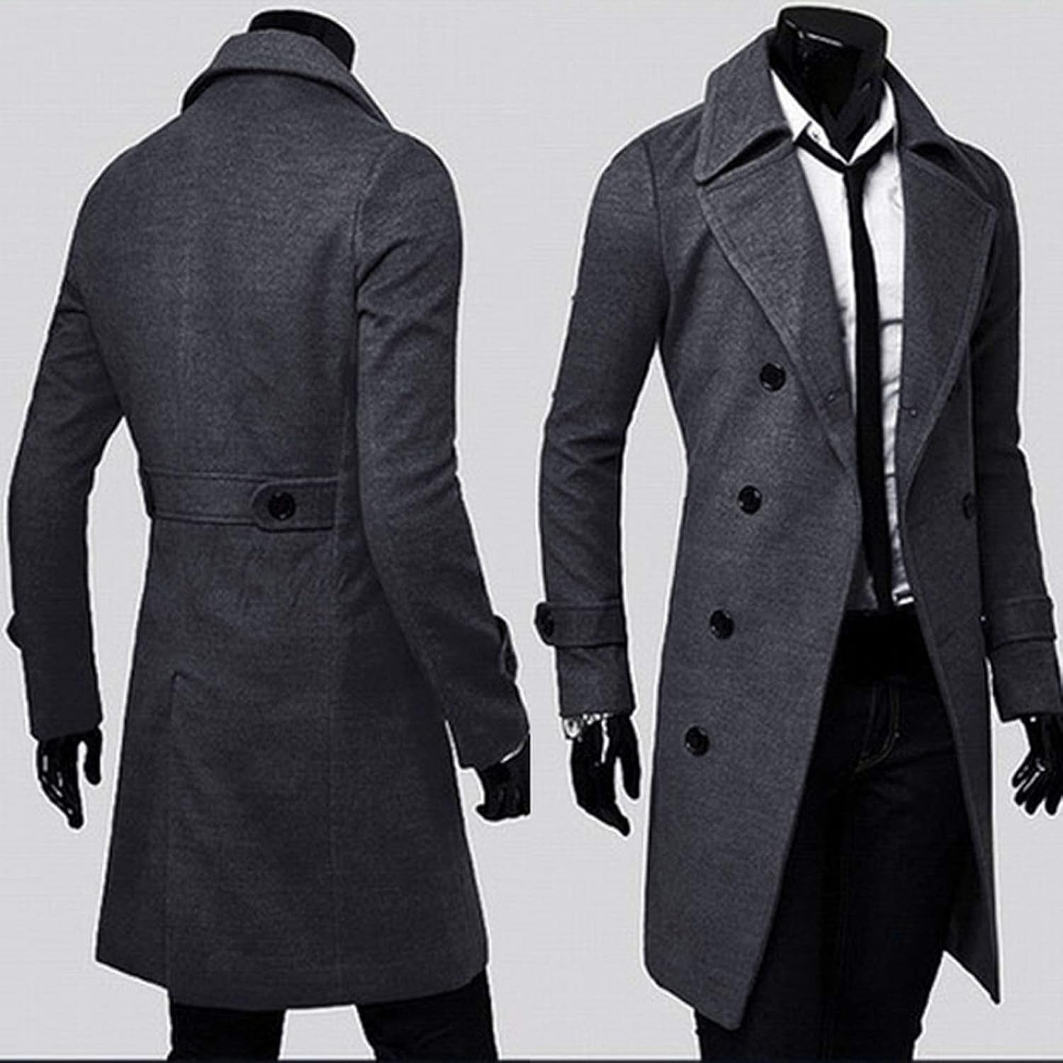 Men's Wool Trench Coat, Premium Quality Double-Breasted Slim Fit Winter Coat, Long Jacket, Work Jacket, Grey Coat, Size L