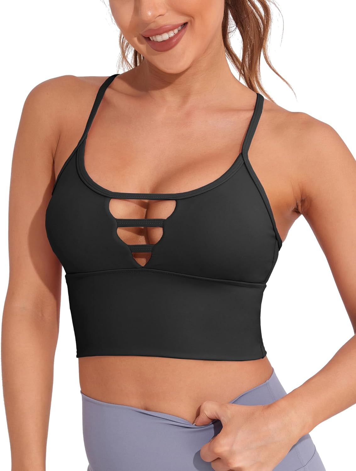 Longline Sports Bras for Women High Support Strappy Push up Workout Tops Built in Bra Padded Crop Yoga Tank Top