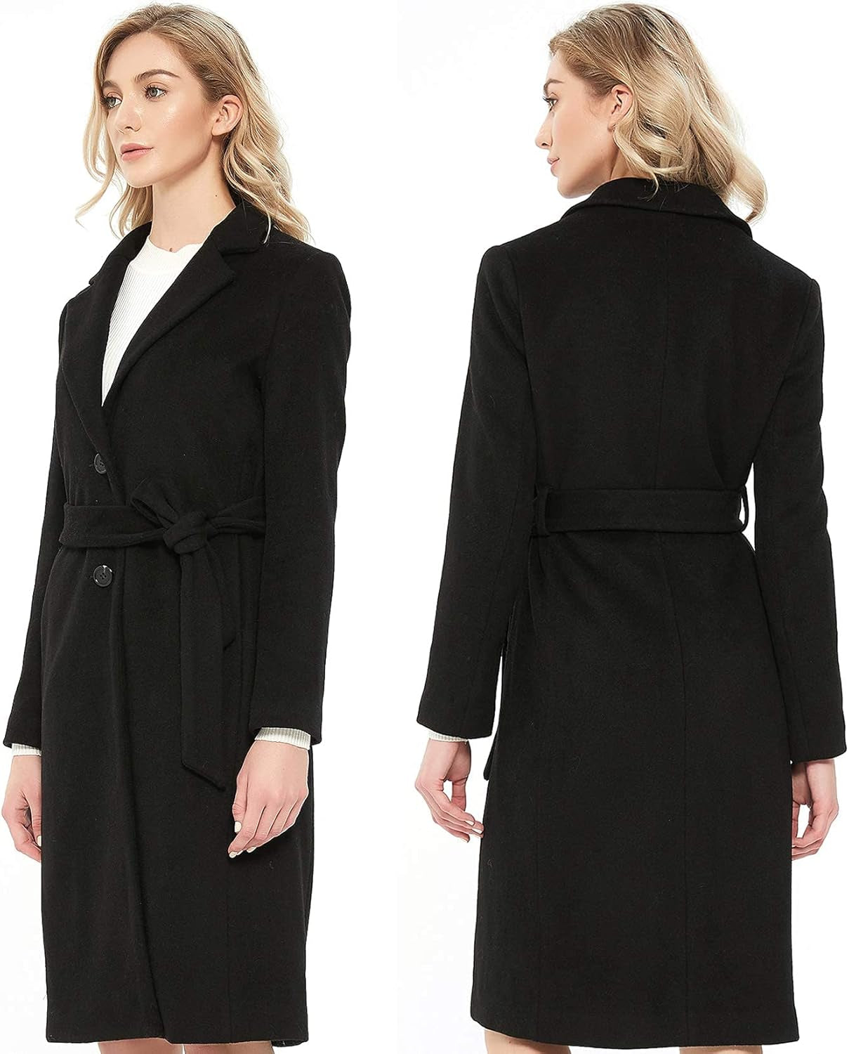 Women'S Elegant Notched Lapel Wool Trench Coat Belted Single Breasted Long Pea Coat Winter