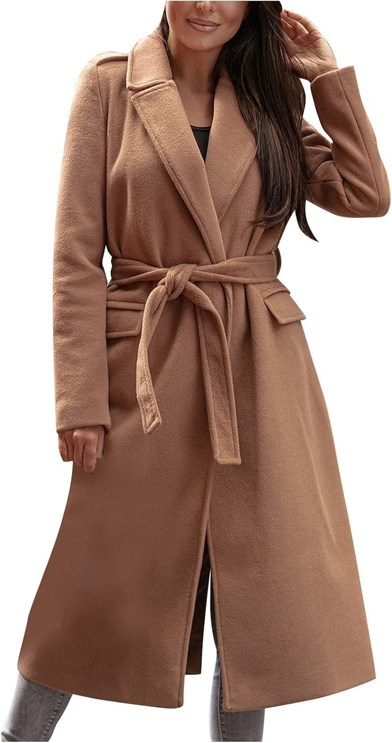 Women'S Belted Trench Coat, Winter Warm Casual Loose Overcoat Long Sleeve Windbreaker Mid-Long Cardigan Khaki