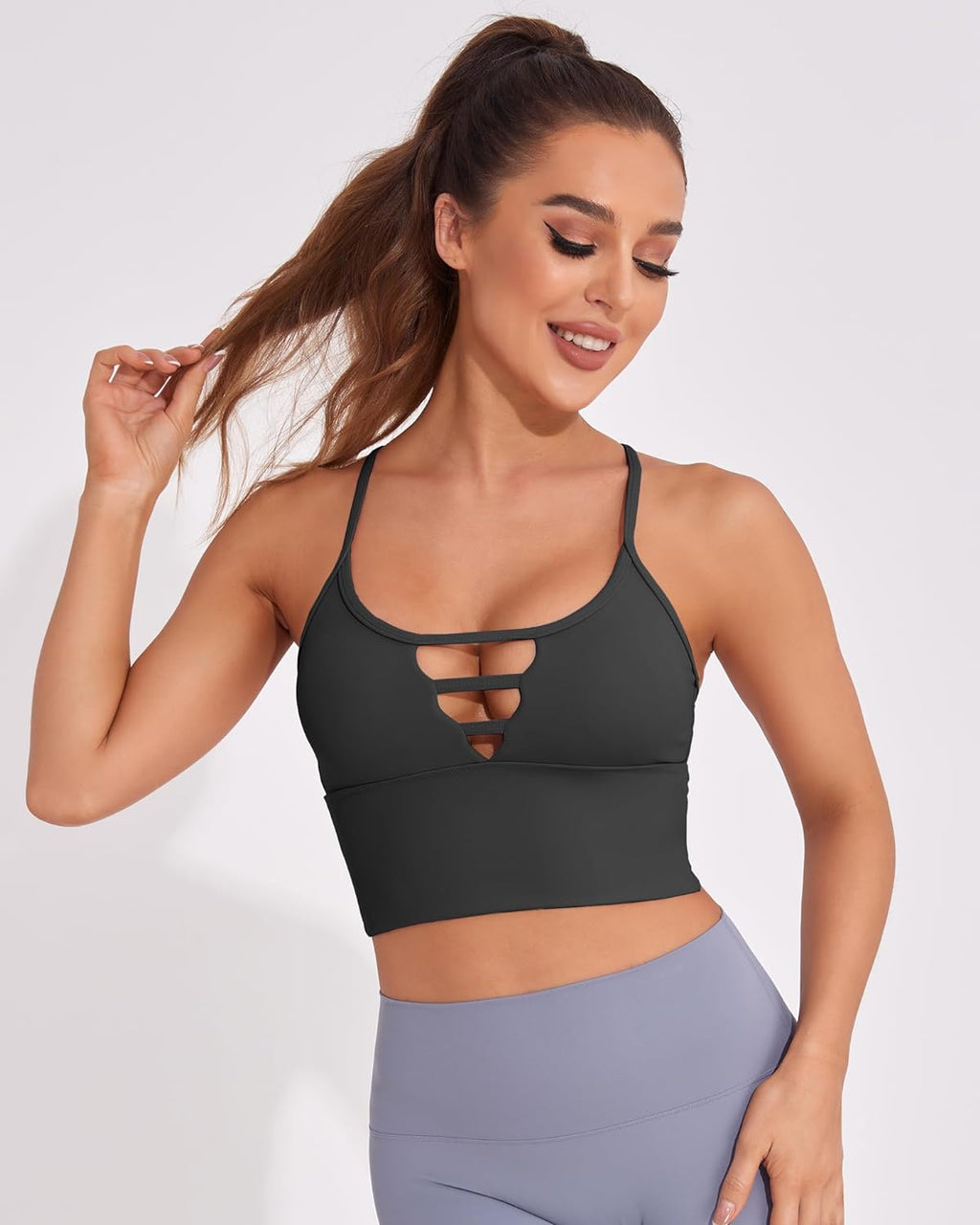 Longline Sports Bras for Women High Support Strappy Push up Workout Tops Built in Bra Padded Crop Yoga Tank Top