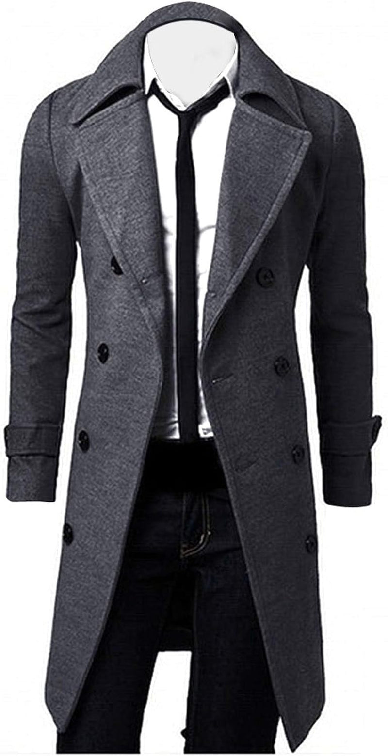 Men's Wool Trench Coat, Premium Quality Double-Breasted Slim Fit Winter Coat, Long Jacket, Work Jacket, Grey Coat, Size L
